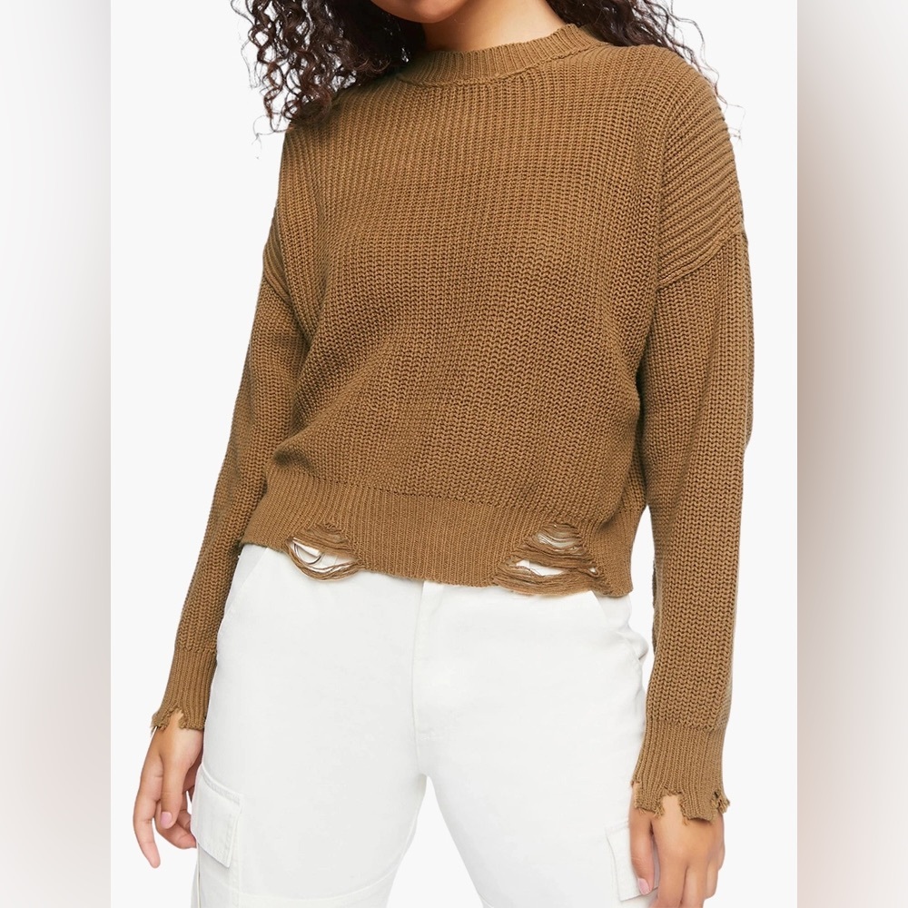 F21 Brown Distressed Sharkbite Sweater